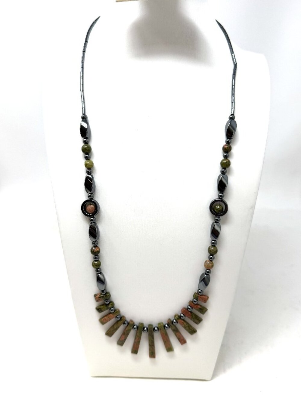 Vintage Southwest Necklace Hematite & Unakite Stone Fringe - with Barrel Clasp